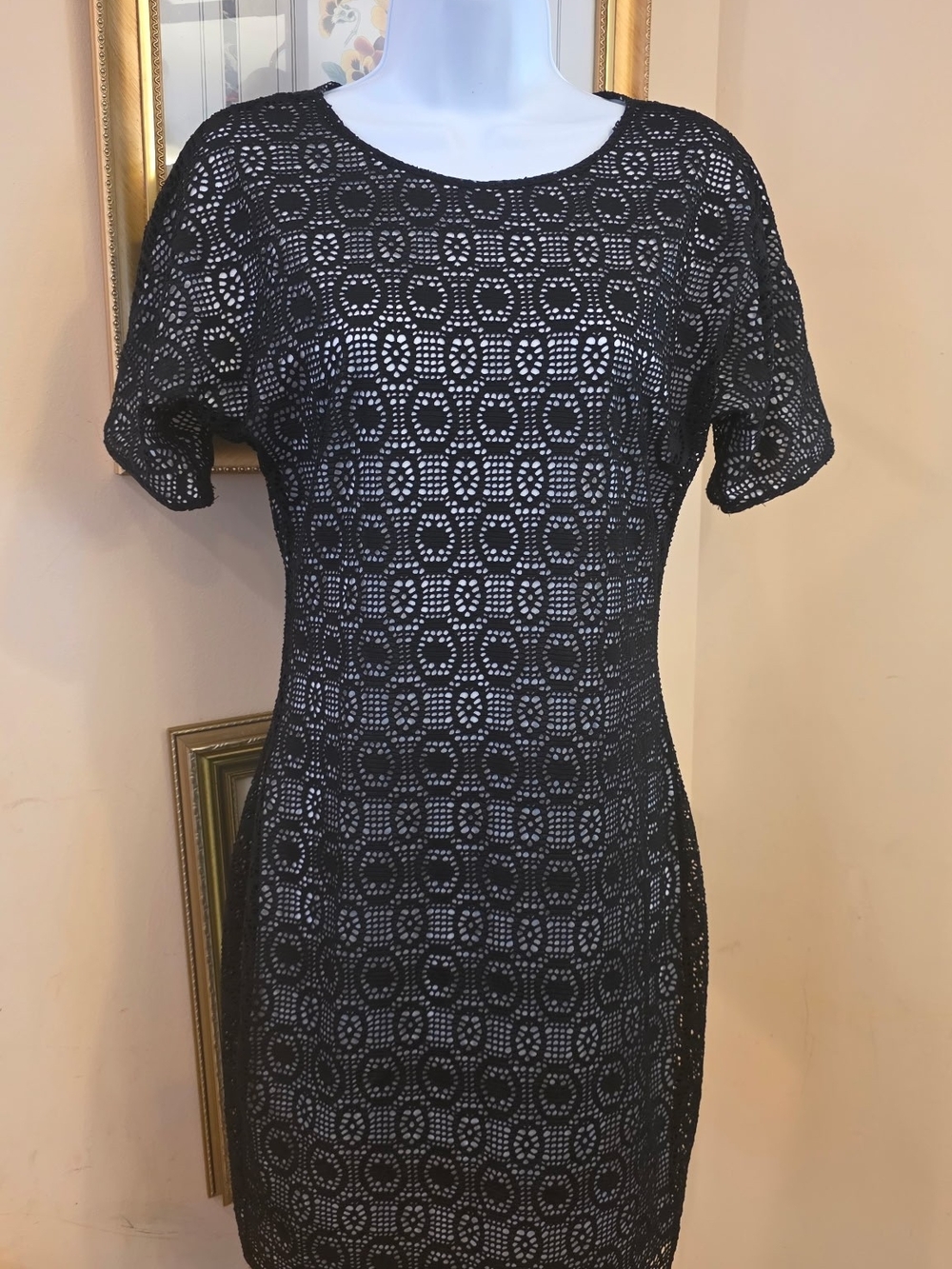 Andrew Marc Black Crochet Lace Sheath Dress